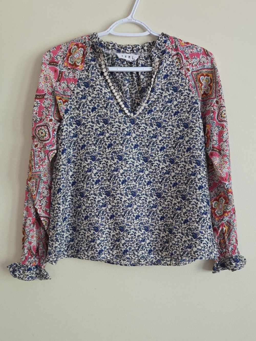 THML Mixed-Print V-Neck Blouse in Navy and Pink Paisley